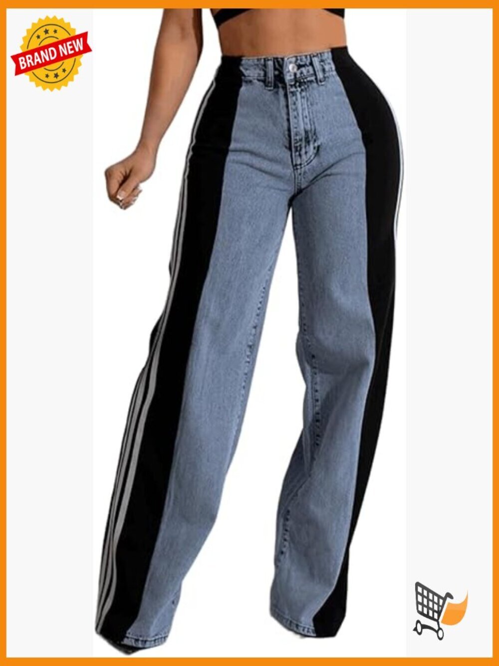 High Waisted Stretchy Wide Leg Jeans with Patchwork Stripes
